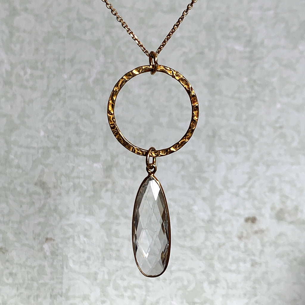 Medium Gold Halo with Faceted Rock Crystal Tear Drop Necklace