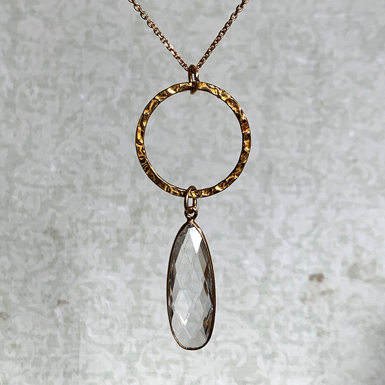 Medium Gold Halo with Faceted Rock Crystal Tear Drop Necklace