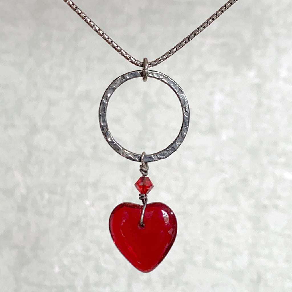 Oxidised Medium Hoop with Deep Red Glass Heart Necklace