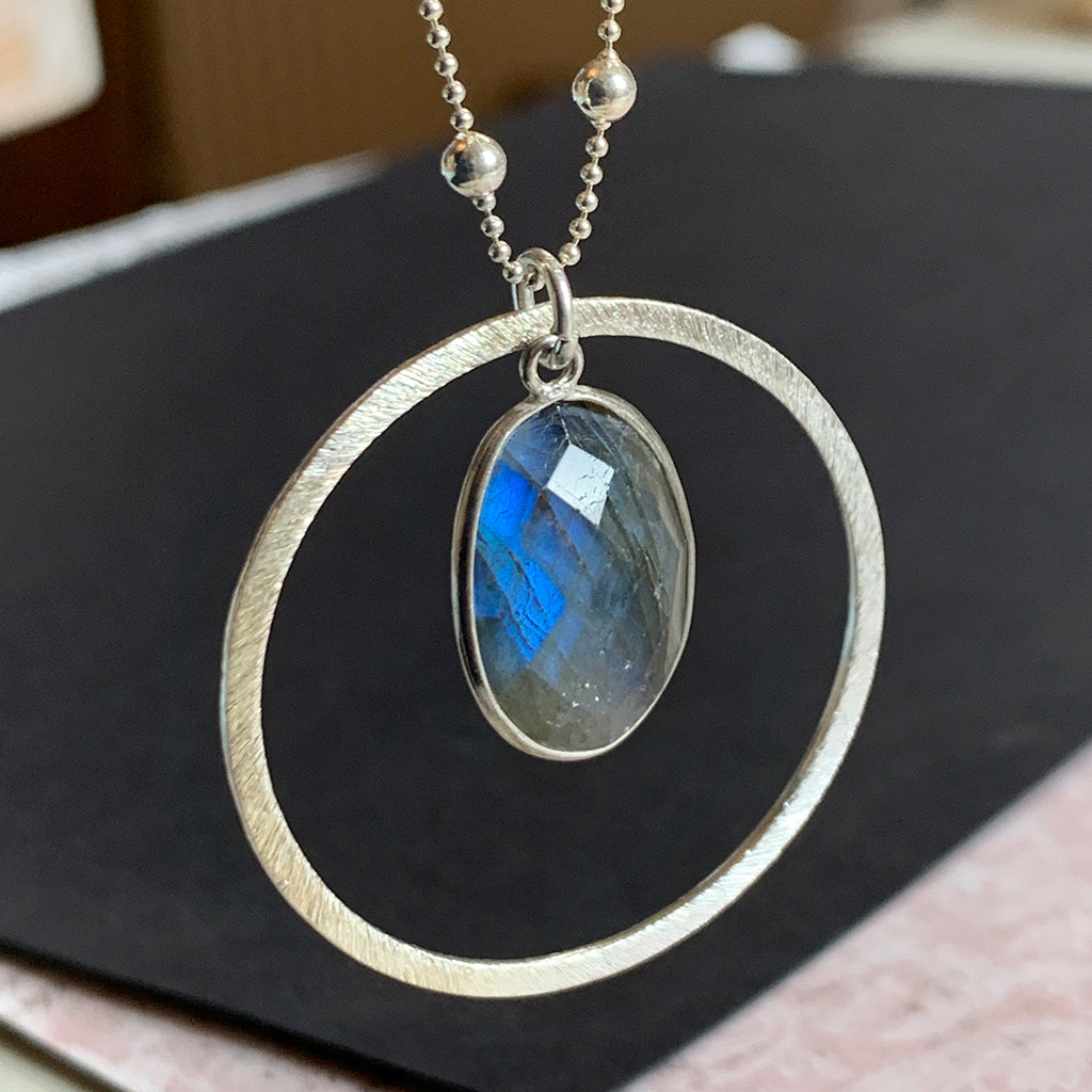 Large Silver Halo with Faceted Oval Labradorite on Dotted Chain Necklace