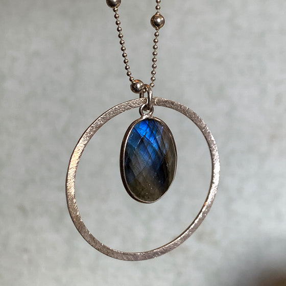 Large Silver Halo with Faceted Oval Labradorite on Dotted Chain Necklace