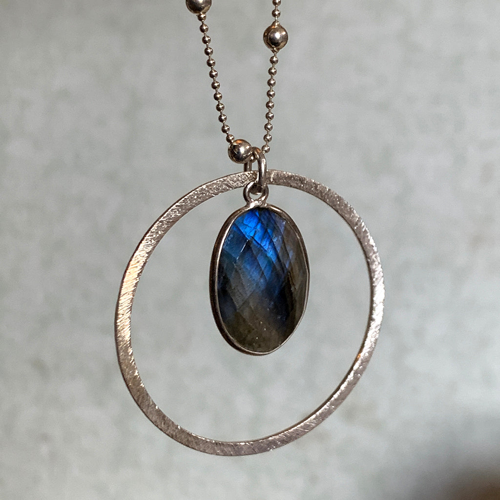 Large Silver Halo with Faceted Oval Labradorite on Dotted Chain Necklace