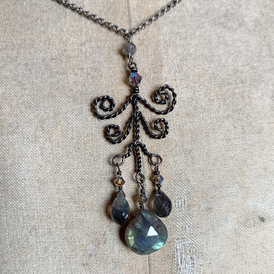 Oxidised Filigree Scroll Wire Pendant with Faceted Labradorite Teardrops on Oxidised Silver Chain Necklace