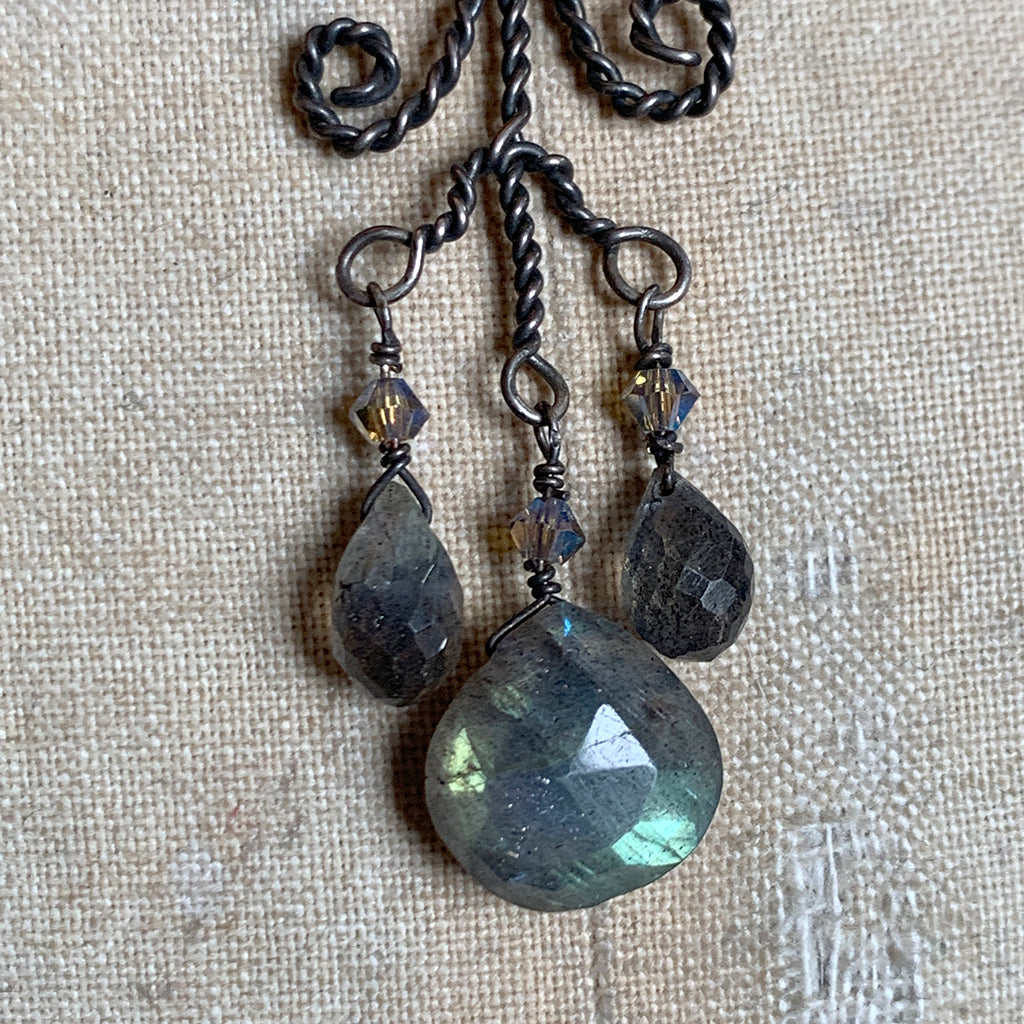 Oxidised Filigree Scroll Wire Pendant with Faceted Labradorite Teardrops on Oxidised Silver Chain Necklace