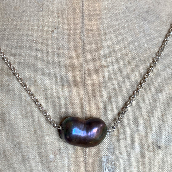 Large Bean Shaped Petrol Coloured Pearl on Silver Chain Necklace