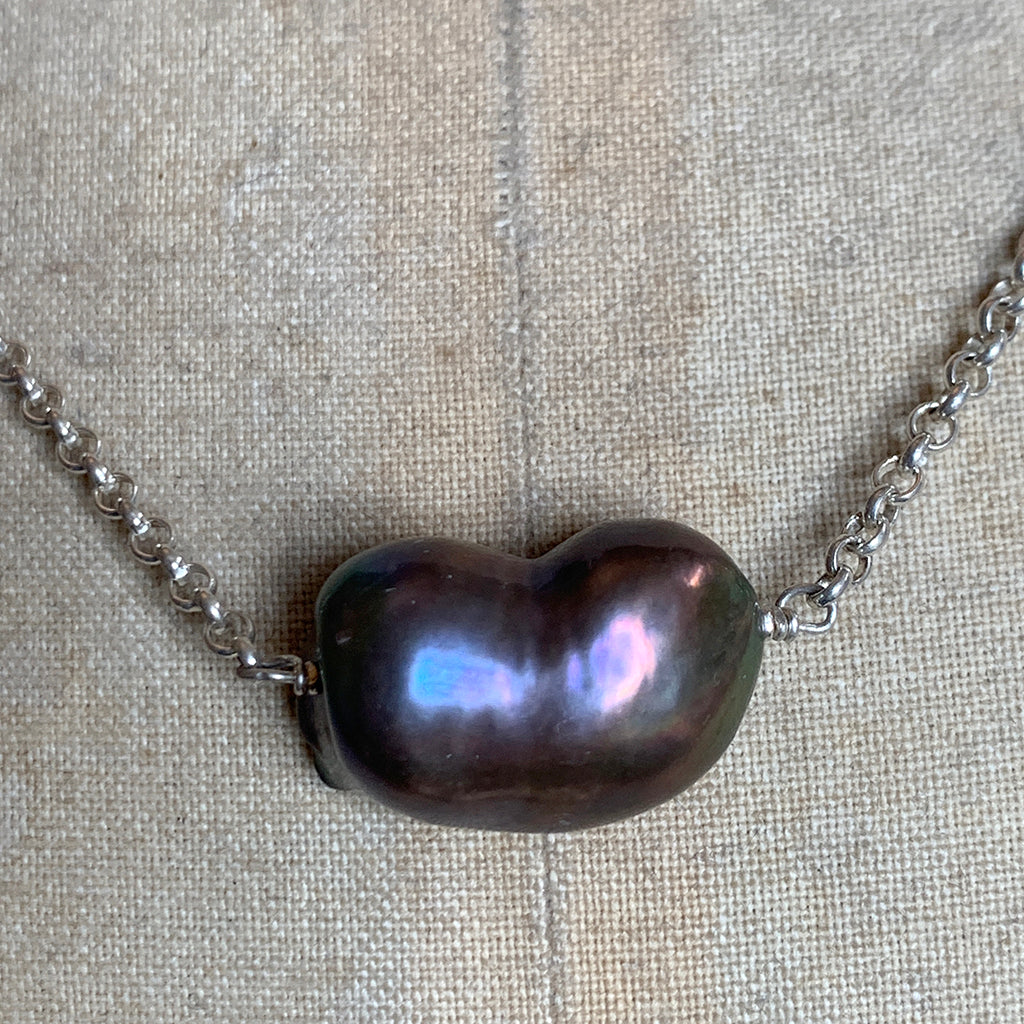 Large Bean Shaped Petrol Coloured Pearl on Silver Chain Necklace
