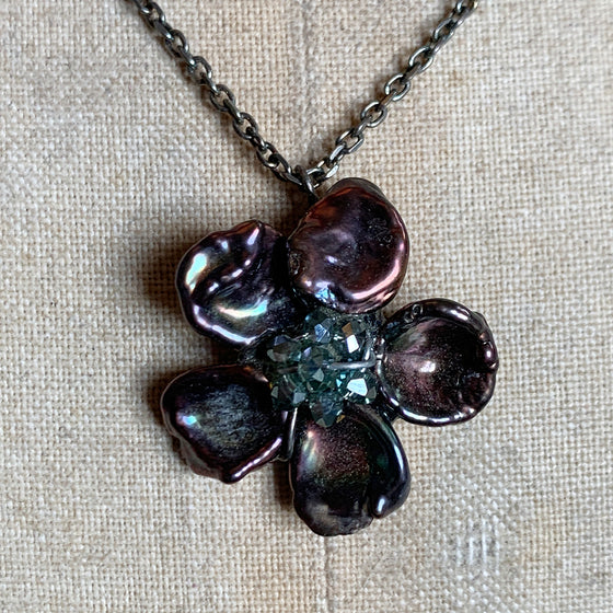 Flower made of Keshi Pearls with a Crystal Centre on Oxidised Silver Chain Necklace
