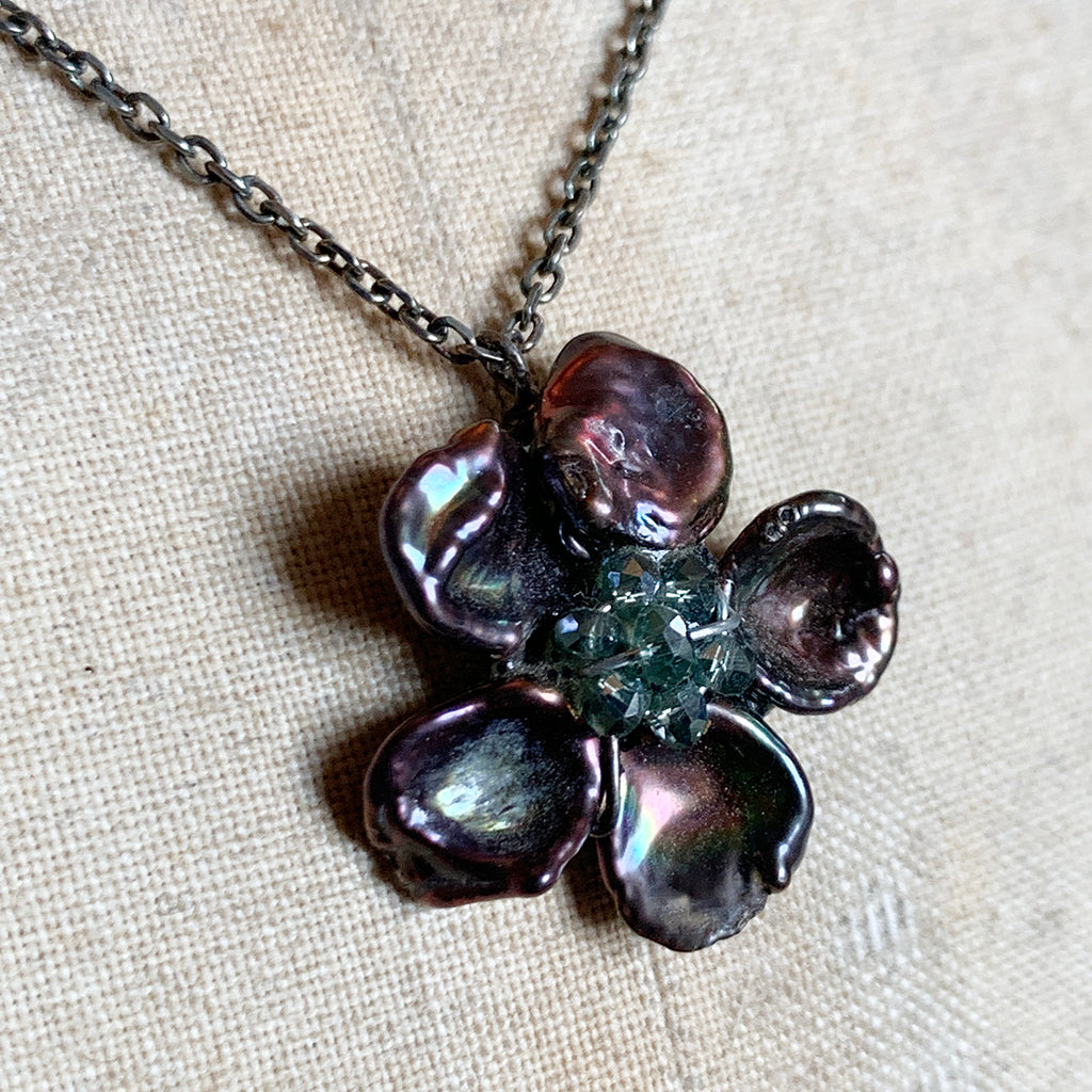 Flower made of Keshi Pearls with a Crystal Centre on Oxidised Silver Chain Necklace