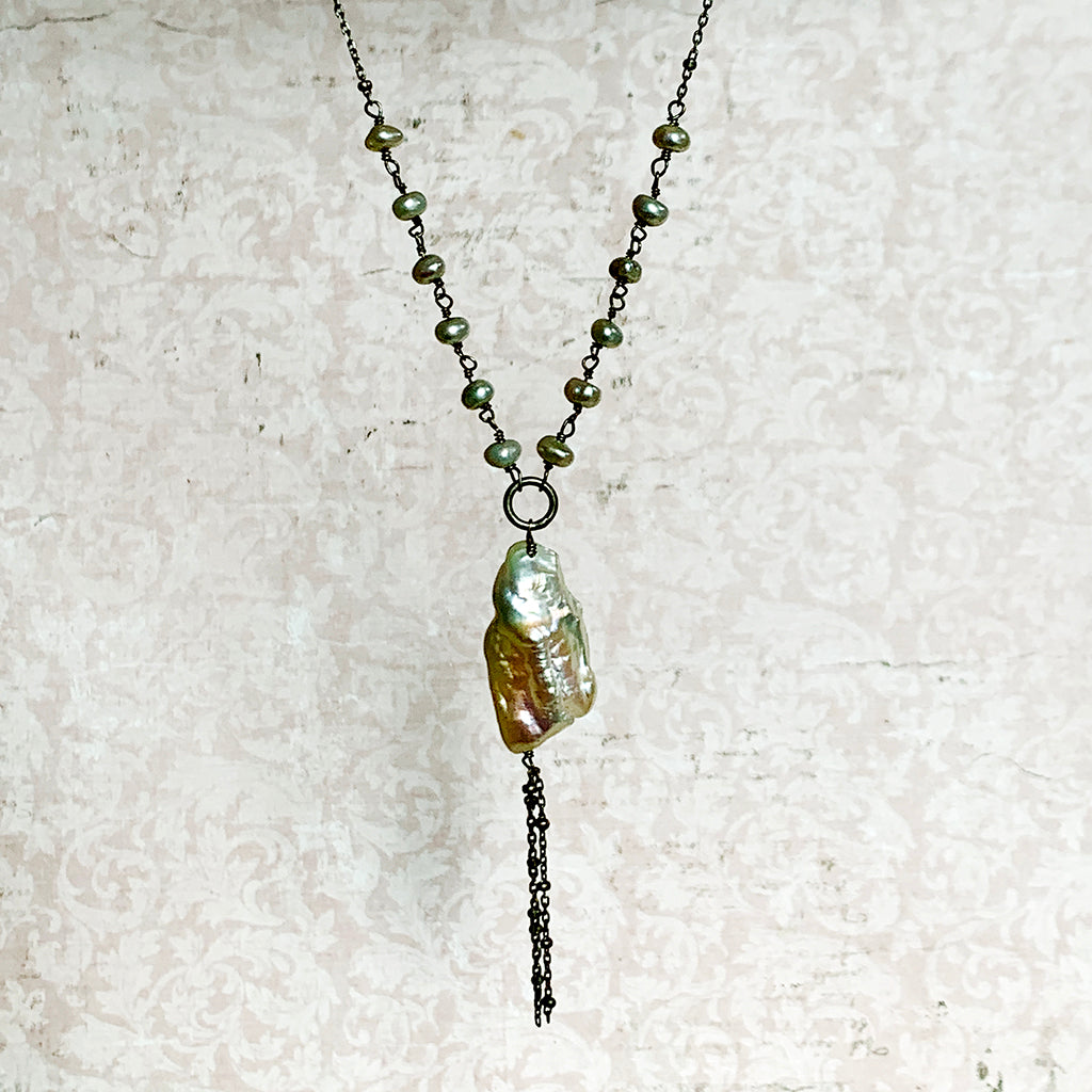 Large Irregular Baroque Pearl on Chain Necklace with Tassel