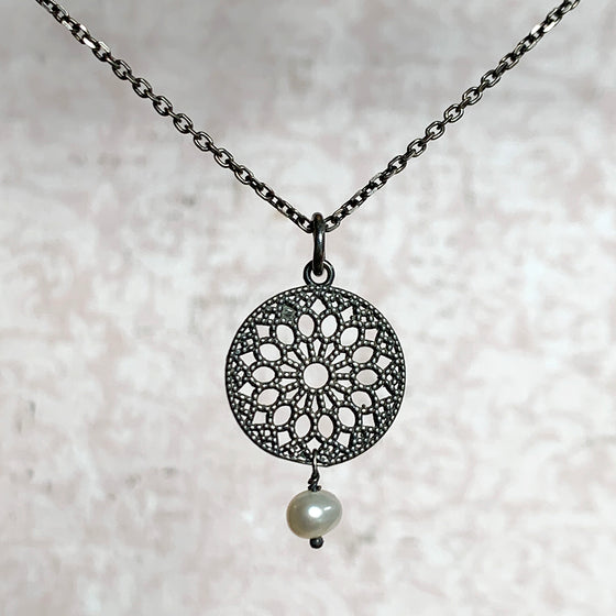 Oxidised Mandala Disc & Pearl Necklace (Small)
