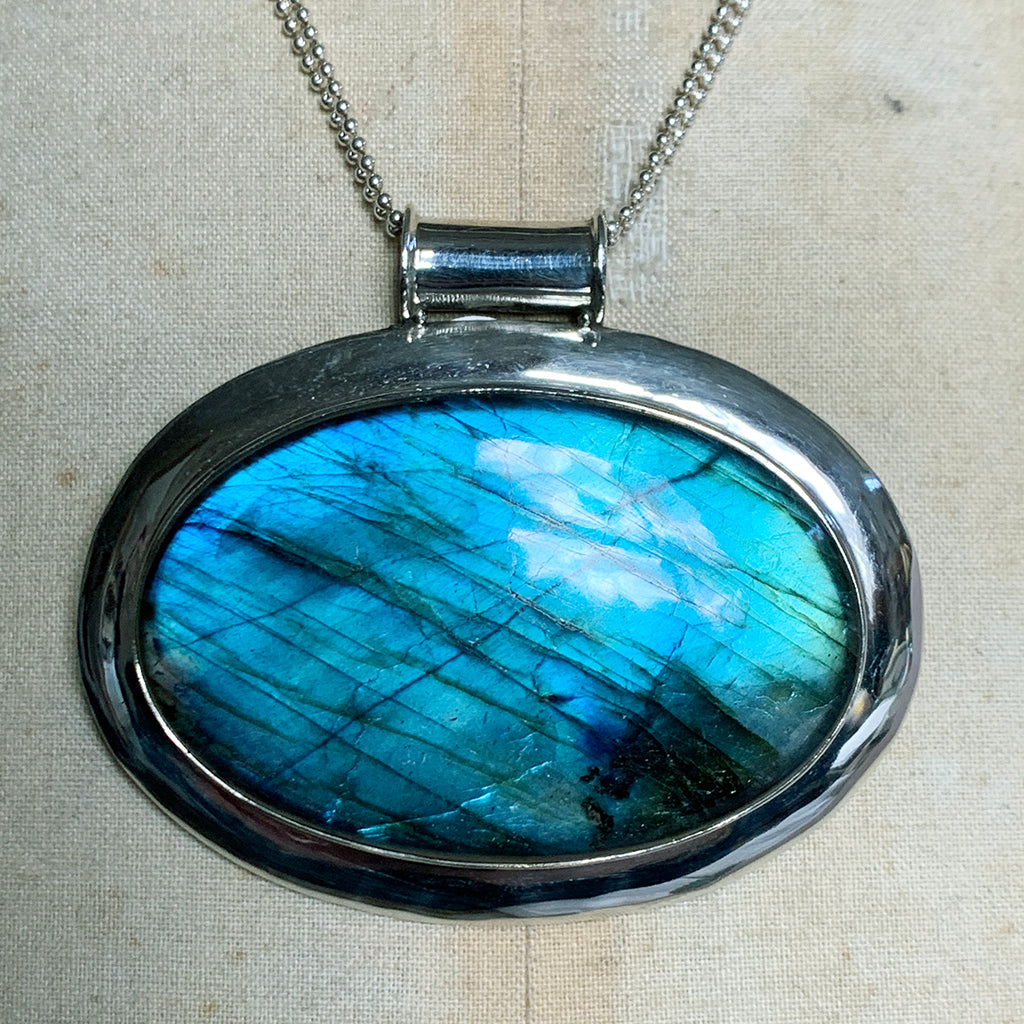 XX Large Oval Labradorite of Extraordinary Quality Set on Double Silver Beaded Necklace