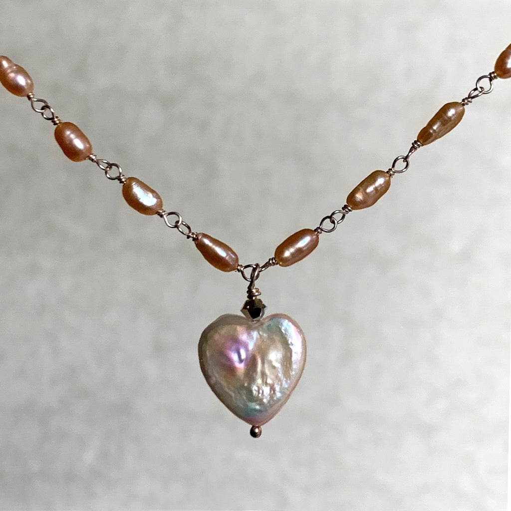 Pearl Heart on Rice Pearl Chain Necklace