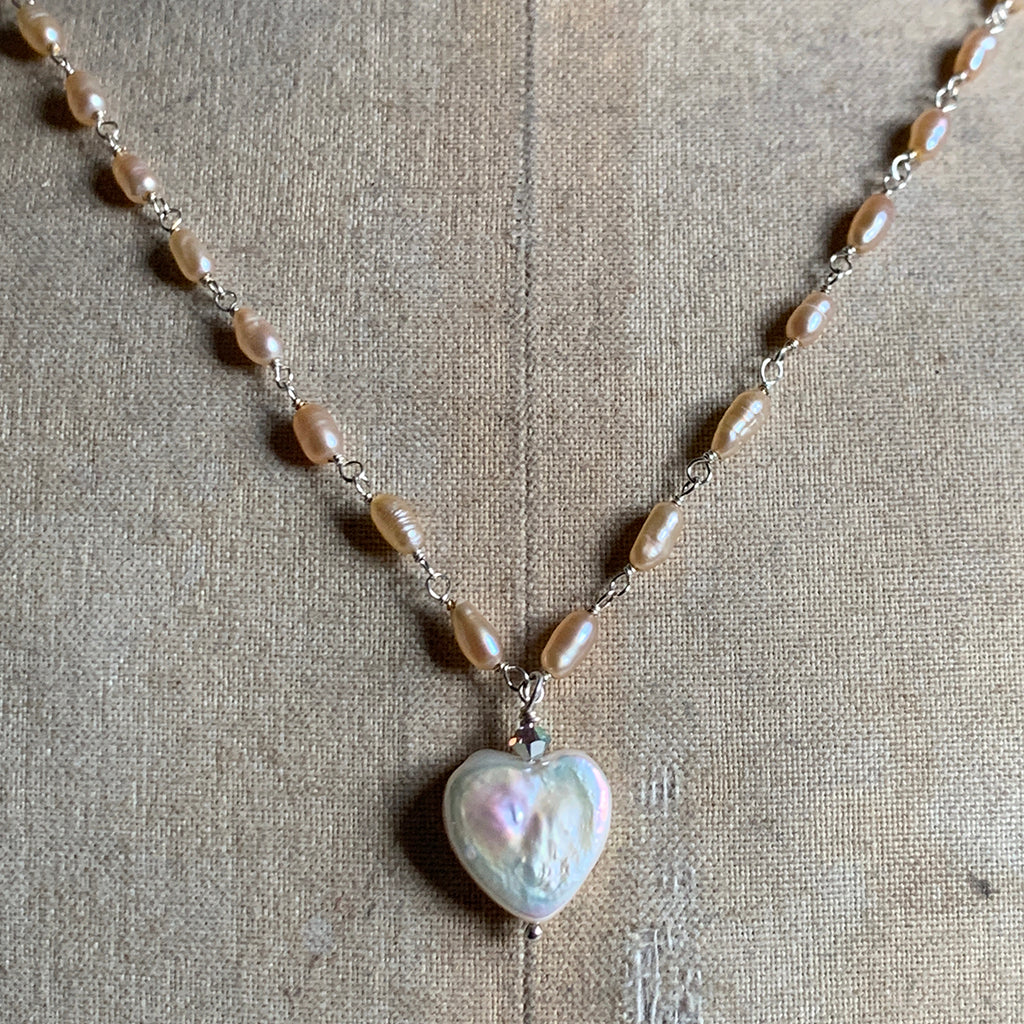 Pearl Heart on Rice Pearl Chain Necklace