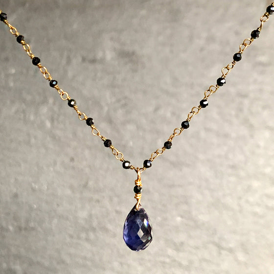 Iolite Faceted Drop on a fine Haematite Chain Necklace