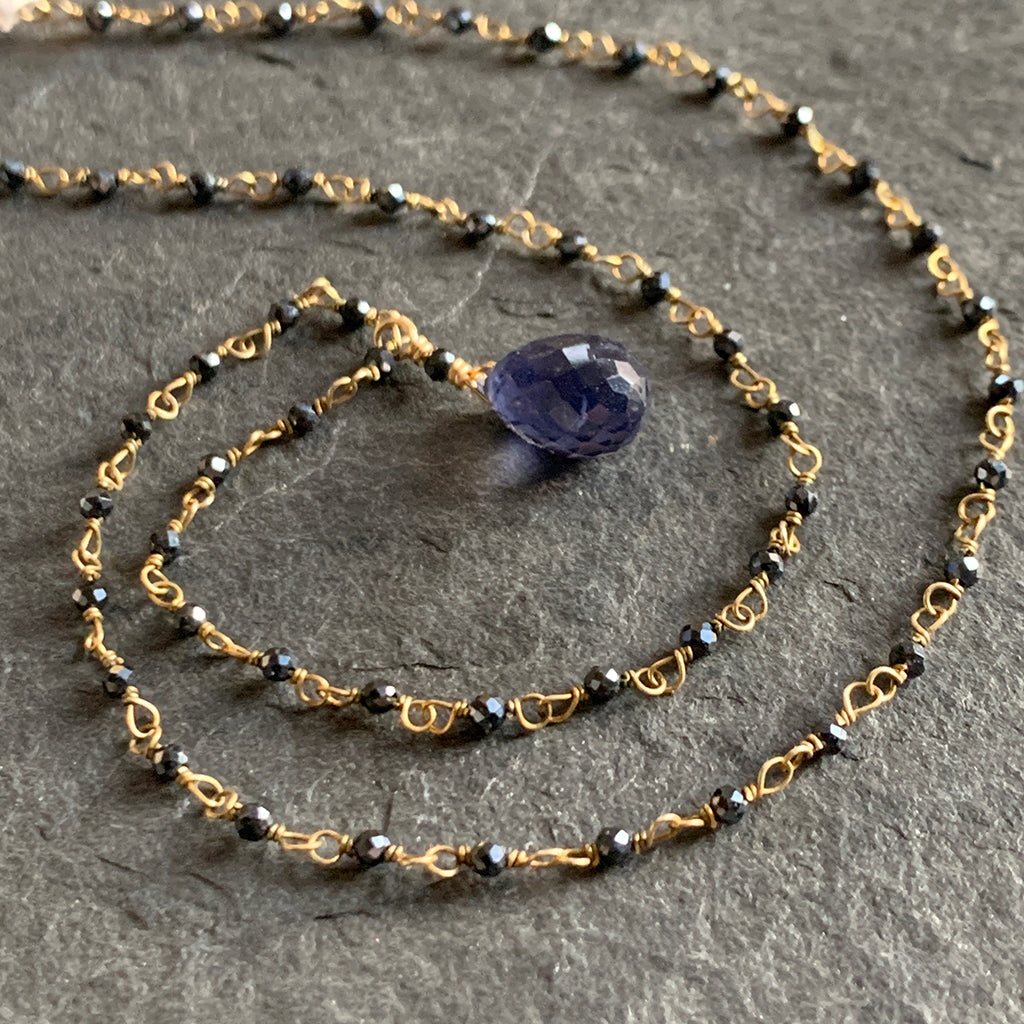 Iolite Faceted Drop on a fine Haematite Chain Necklace