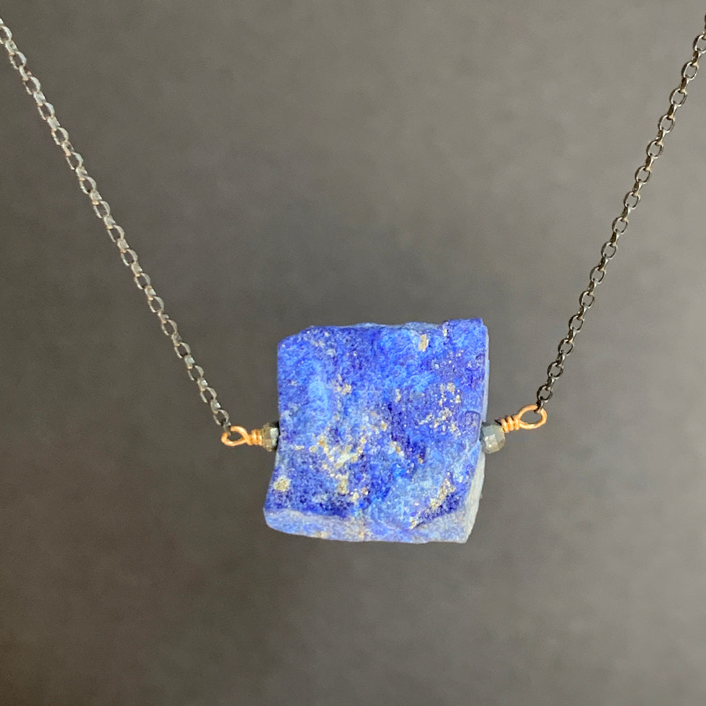 Rough Chunk of Lapis Lazuli on Oxidised Silver Chain Necklace