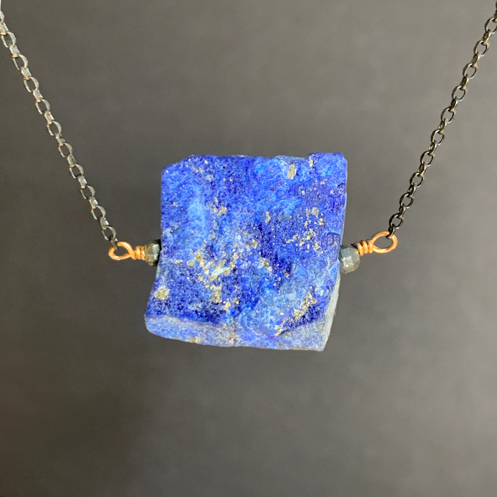 Rough Chunk of Lapis Lazuli on Oxidised Silver Chain Necklace