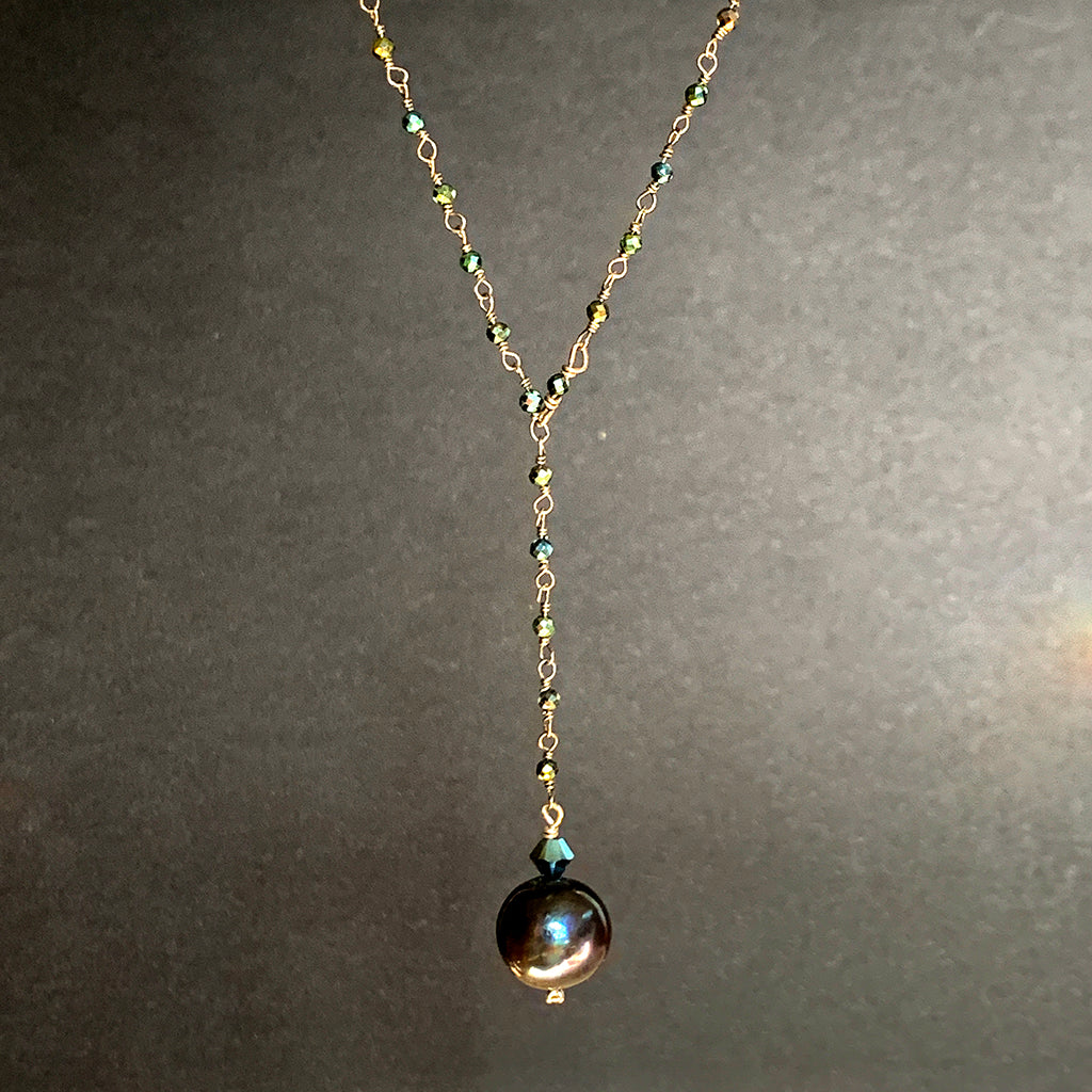 Darkest Navy/Black Single Pearl on a Dark Crystal Beaded Chain Necklace