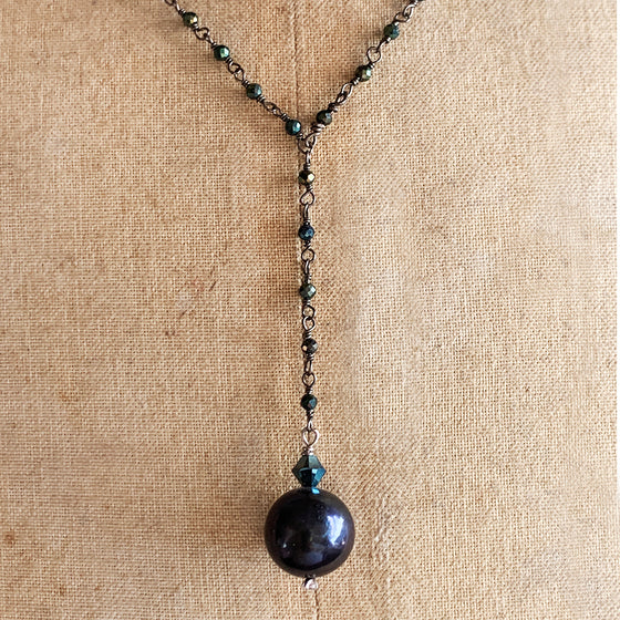 Darkest Navy/Black Single Pearl on a Dark Crystal Beaded Chain Necklace