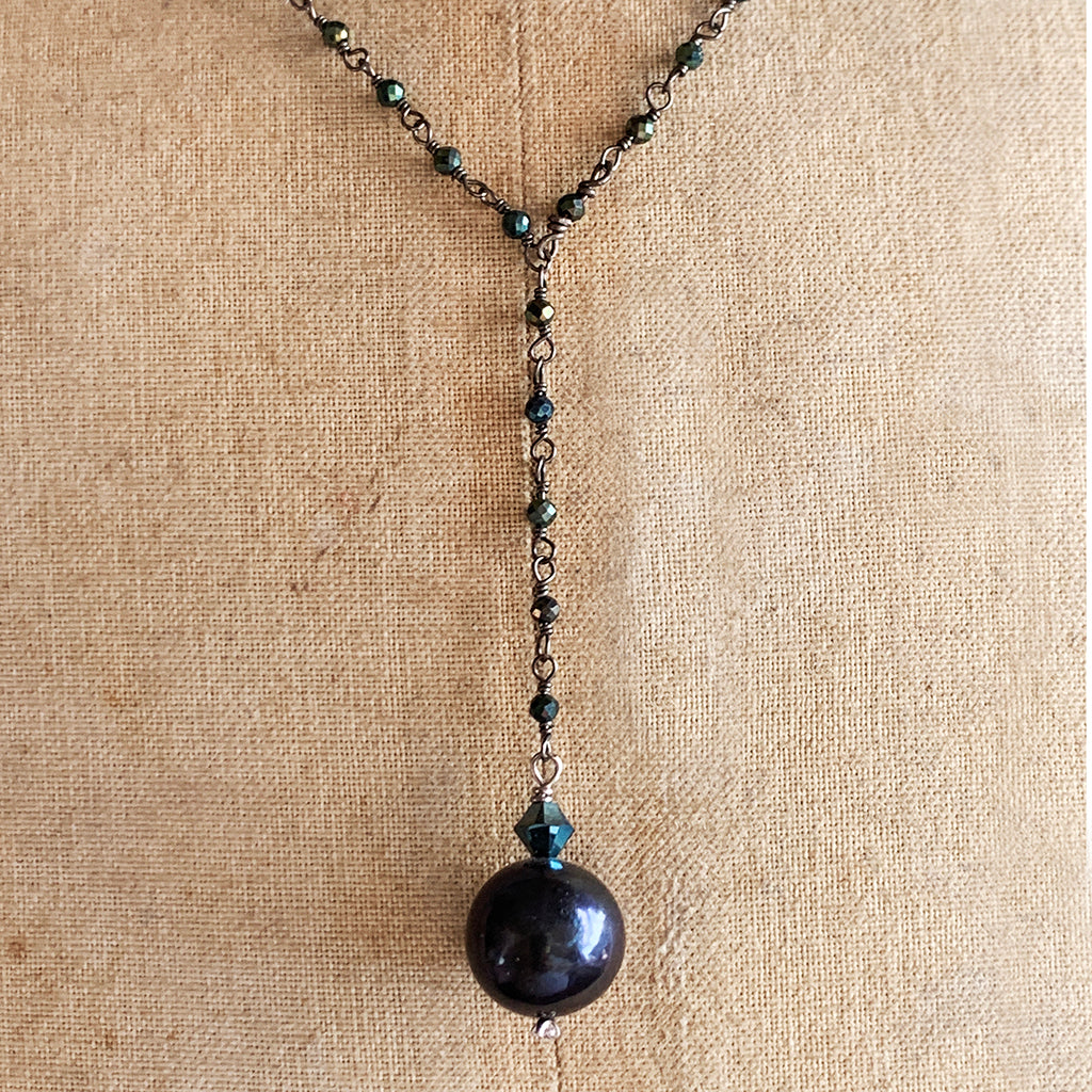Darkest Navy/Black Single Pearl on a Dark Crystal Beaded Chain Necklace