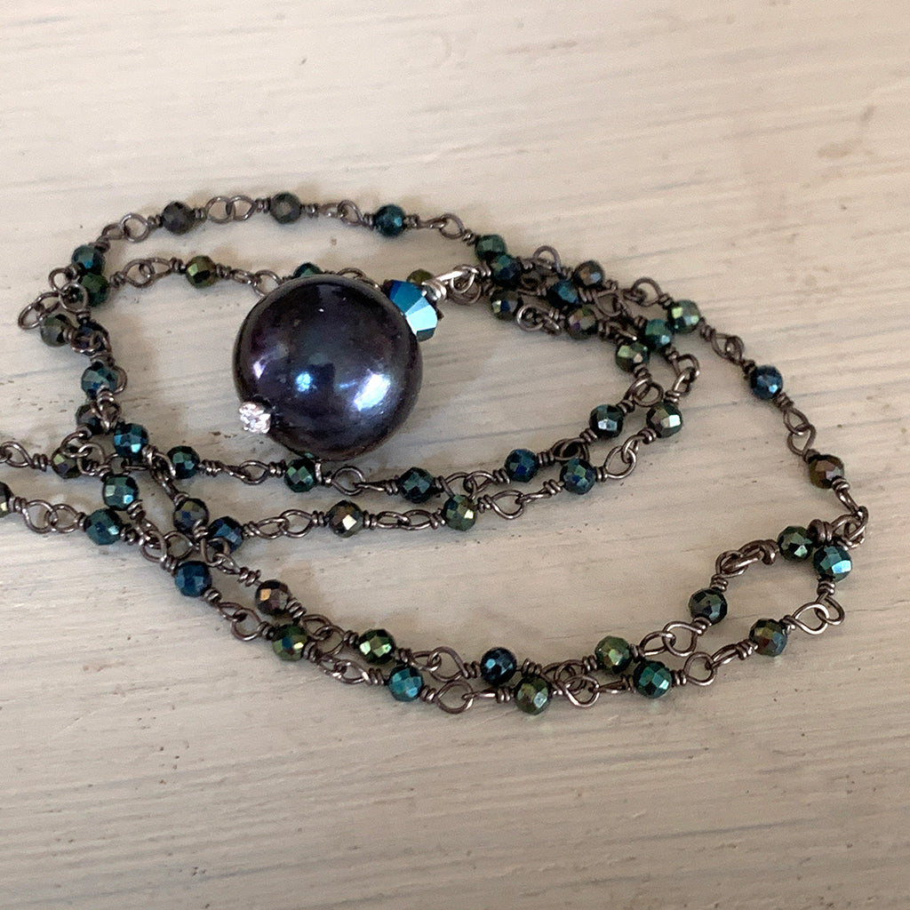 Darkest Navy/Black Single Pearl on a Dark Crystal Beaded Chain Necklace