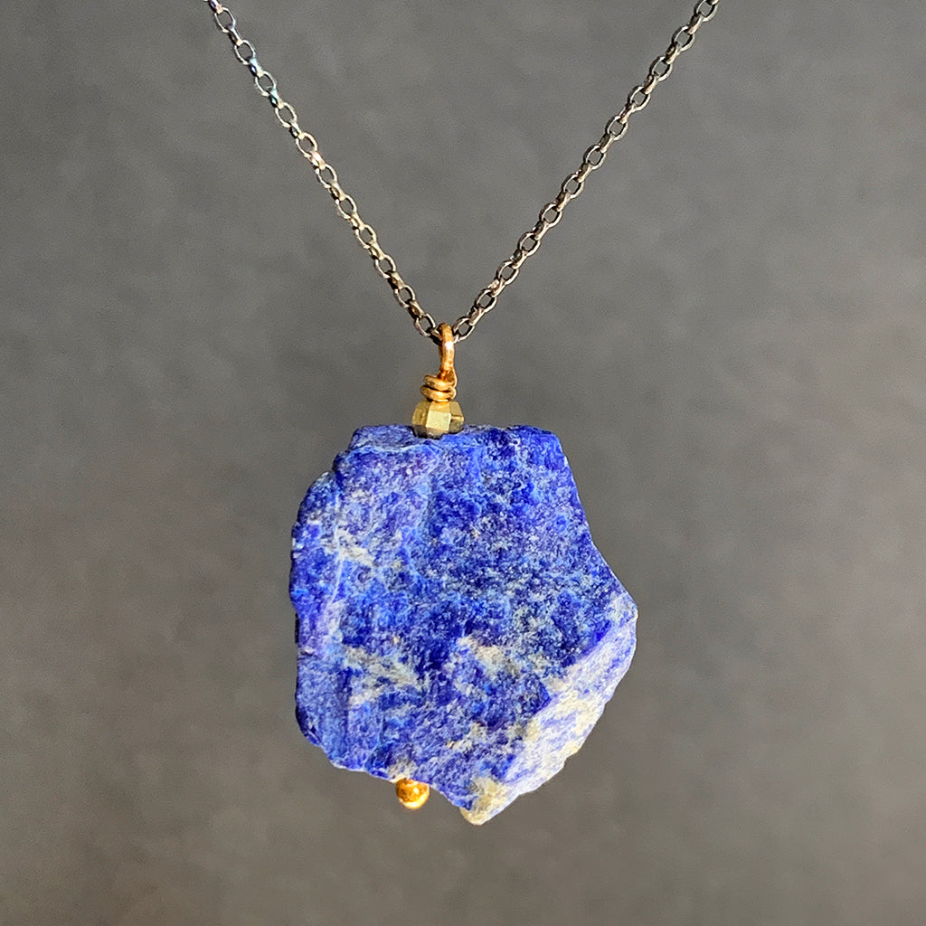 Rough Chunk of Lapis Lazuli suspended on Oxidised Silver Chain Necklace