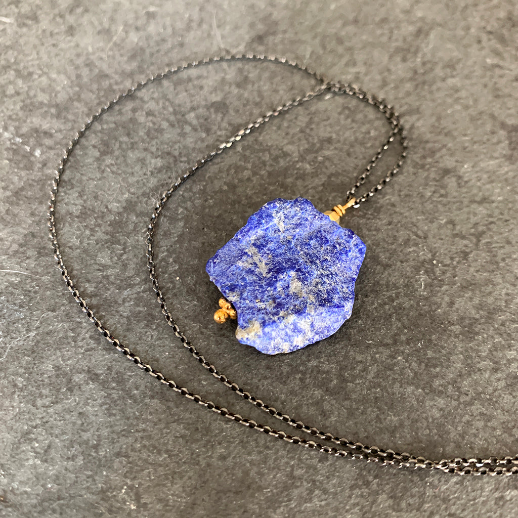 Rough Chunk of Lapis Lazuli suspended on Oxidised Silver Chain Necklace