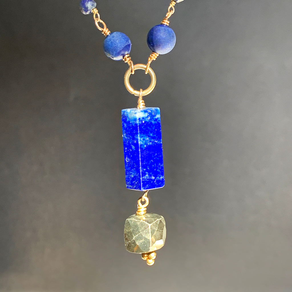Lapis Lazuli Pendant with Faceted Pyrite Cube on a Lapis Beaded Chain Necklace