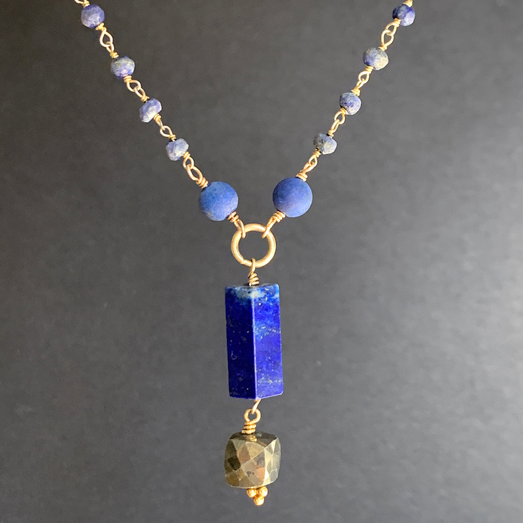 Lapis Lazuli Pendant with Faceted Pyrite Cube on a Lapis Beaded Chain Necklace