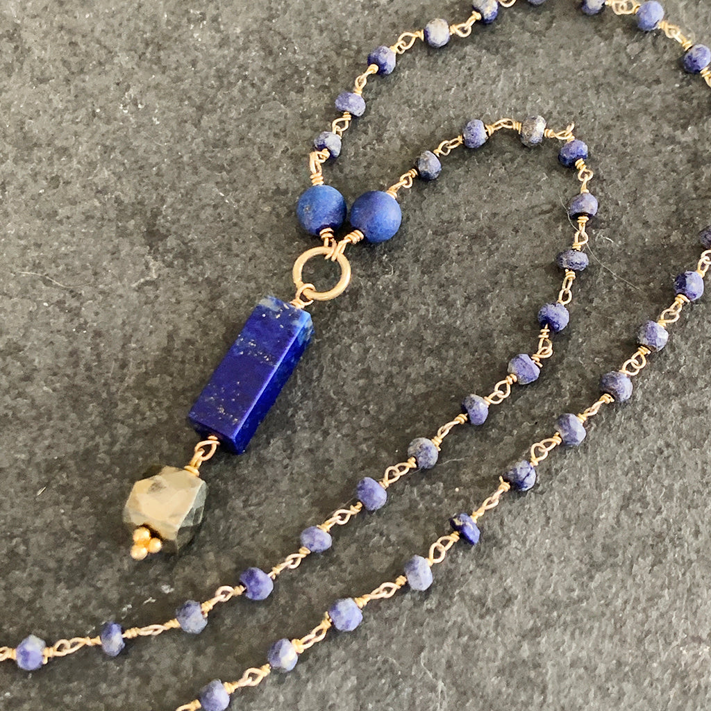 Lapis Lazuli Pendant with Faceted Pyrite Cube on a Lapis Beaded Chain Necklace