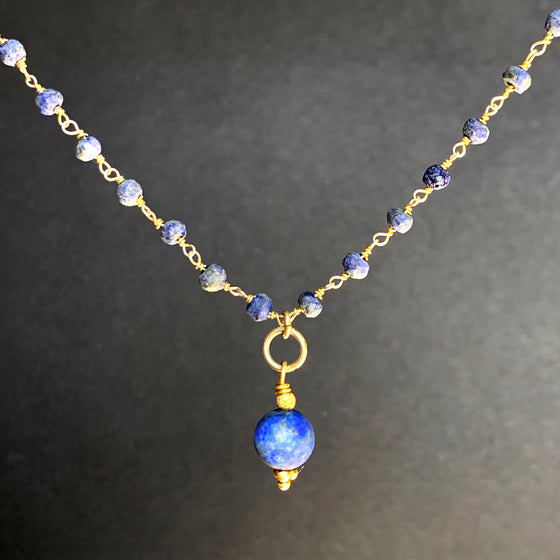 Satin Finish Lapis Lazuli Pendant on Lapis Beaded Chain Necklace