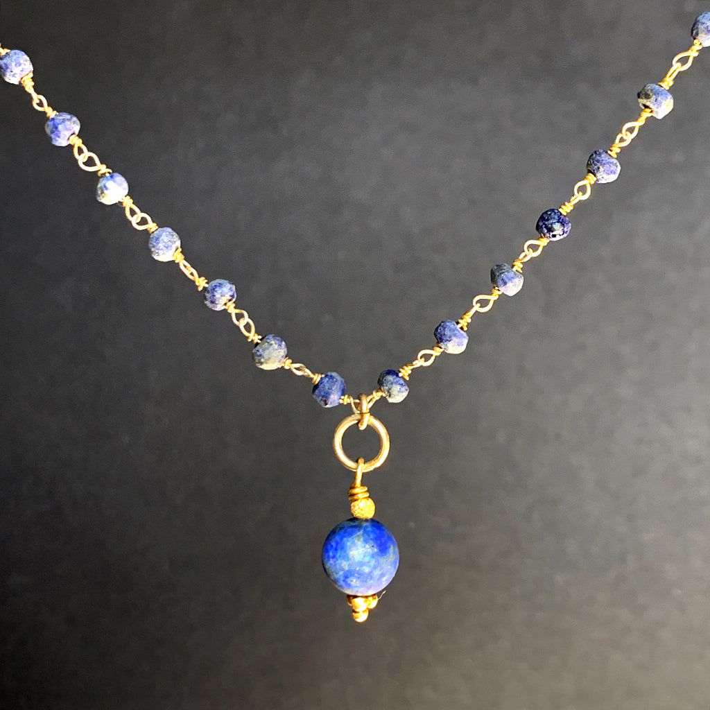 Satin Finish Lapis Lazuli Pendant on Lapis Beaded Chain Necklace