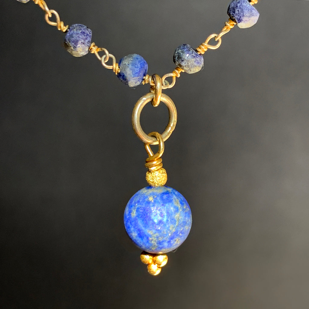 Satin Finish Lapis Lazuli Pendant on Lapis Beaded Chain Necklace