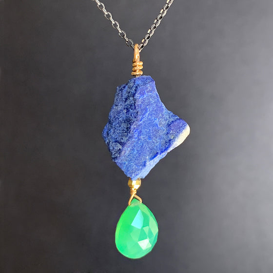 Irregular Chunk of Lapis Lazuli with a Beautiful Chrysoprase Faceted Briolette Suspended Below on Oxidised Chain Necklace