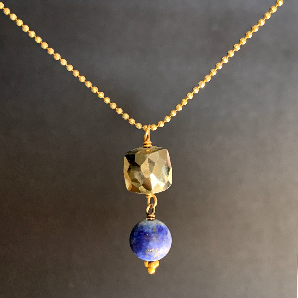 Pyrites Faceted Cube & Lapis Lazuli Pendant on Silver Chain Necklace