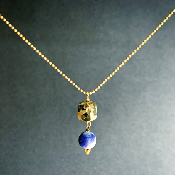 Pyrites Faceted Cube & Lapis Lazuli Pendant on Silver Chain Necklace