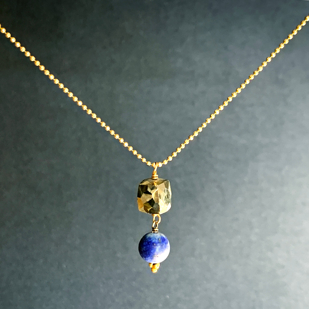 Pyrites Faceted Cube & Lapis Lazuli Pendant on Silver Chain Necklace
