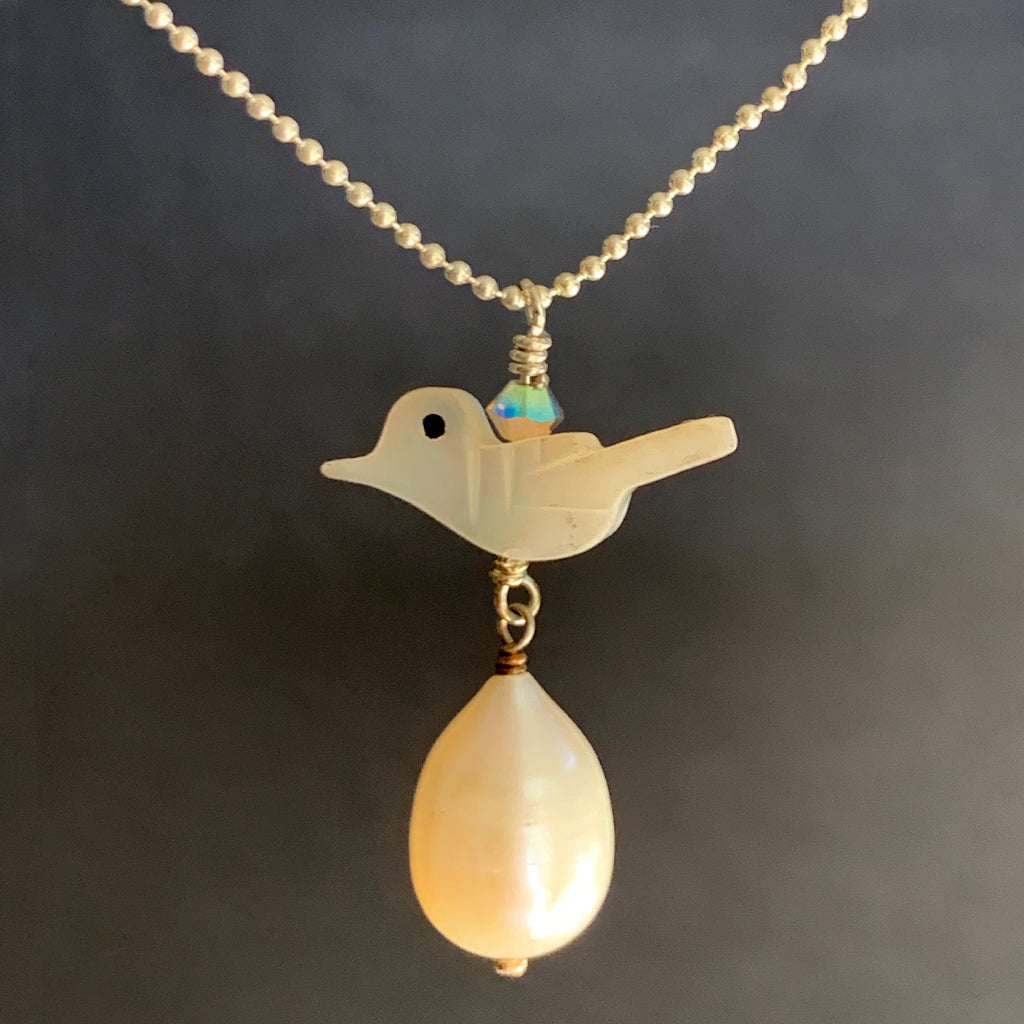 Mother of Pearl Bird with Drop Pearl Egg on Silver Chain Necklace