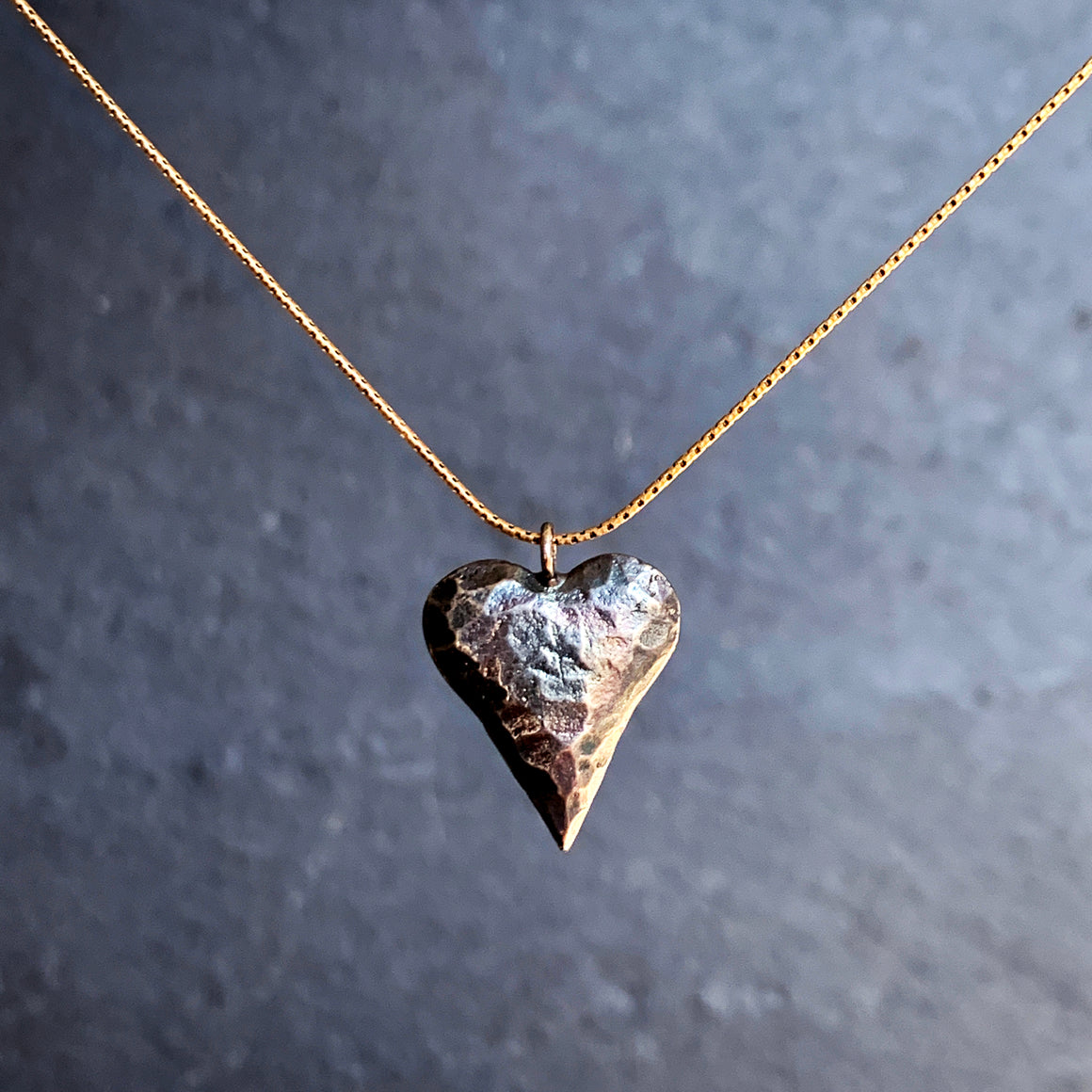 Oxidised Beaten Pewter Heart on Silver Chain Necklace