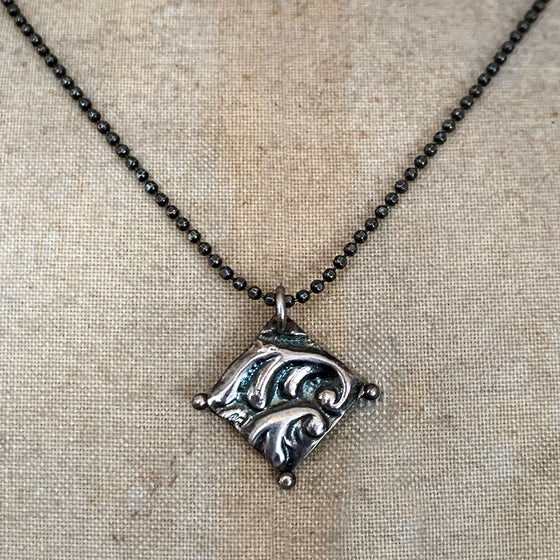 Oxidised Embossed Silver Square Necklace