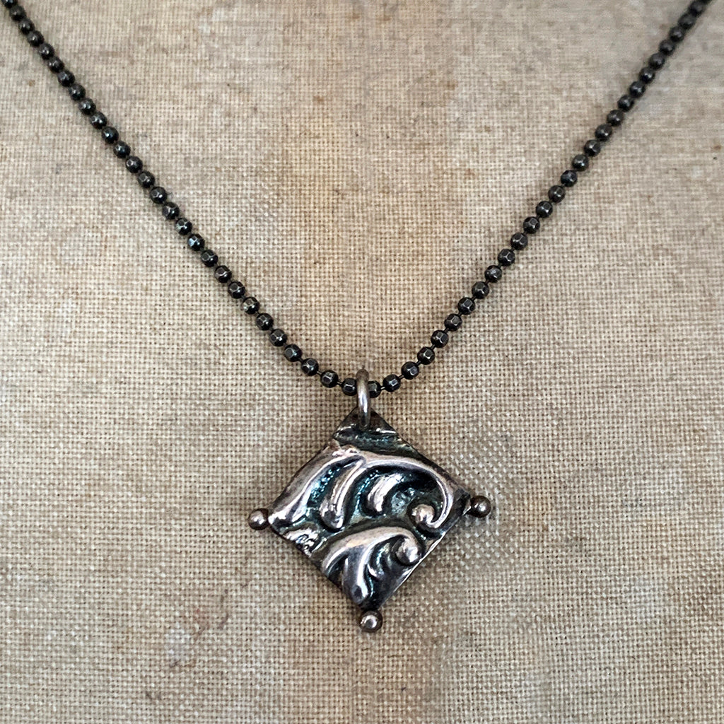 Oxidised Embossed Silver Square Necklace