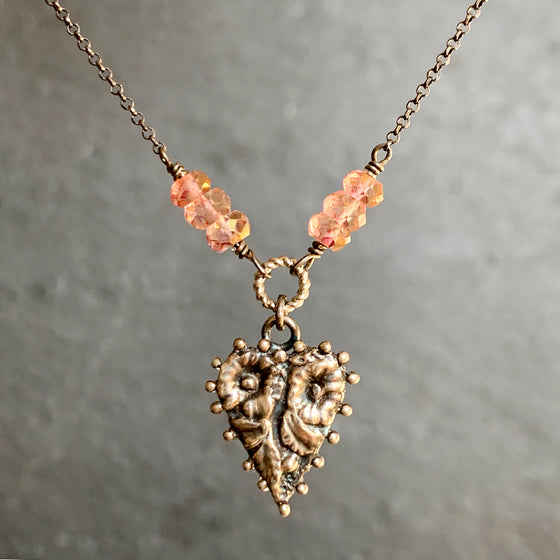 Tiny Beaded Edge Cast Heart with Pink Topaz Beads on Oxidised Silver Chain Necklace