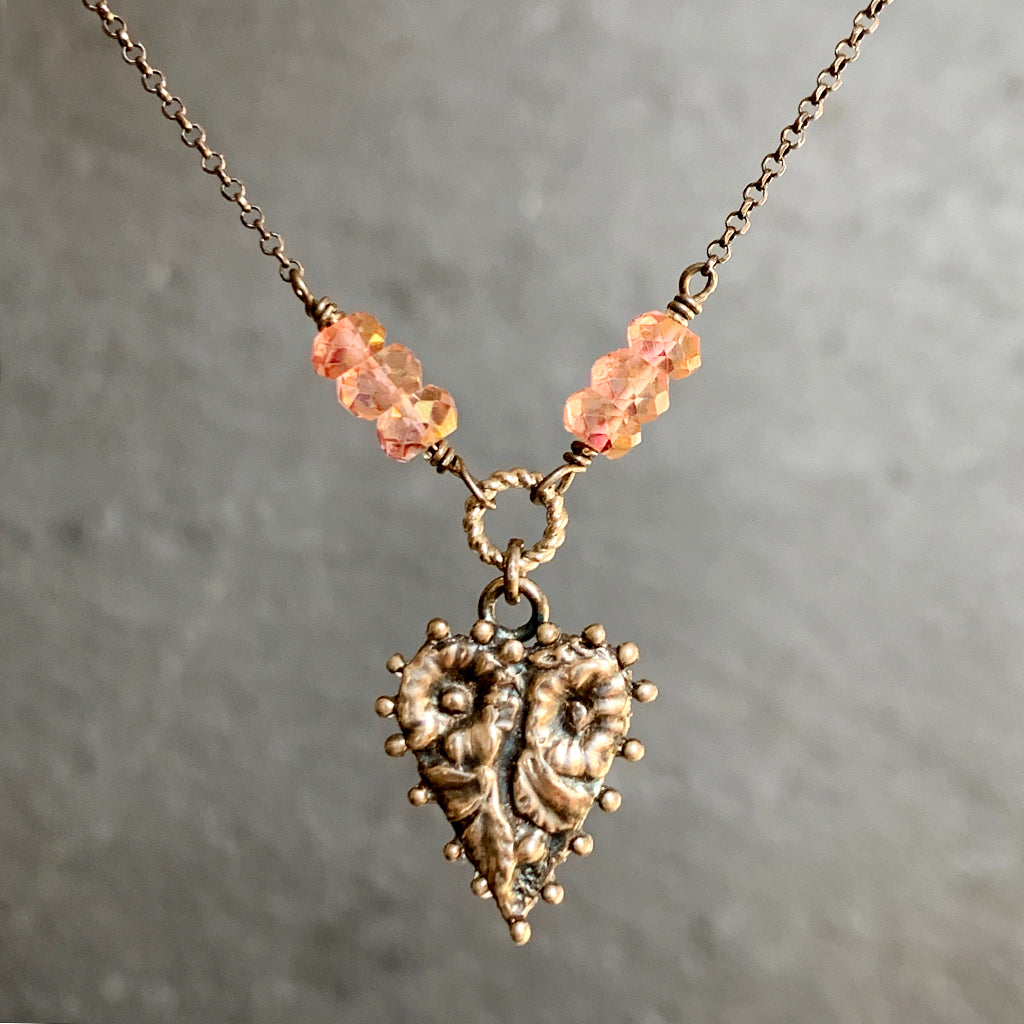 Tiny Beaded Edge Cast Heart with Pink Topaz Beads on Oxidised Silver Chain Necklace