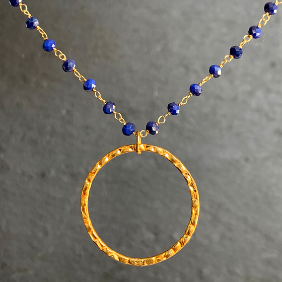Large Gold Vermeil Halo on Vivid Blue Crystal Necklace