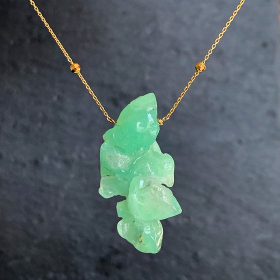 Irregular Chunk of Chrysoprase set on Fine Gold Vermeil Chain Necklace