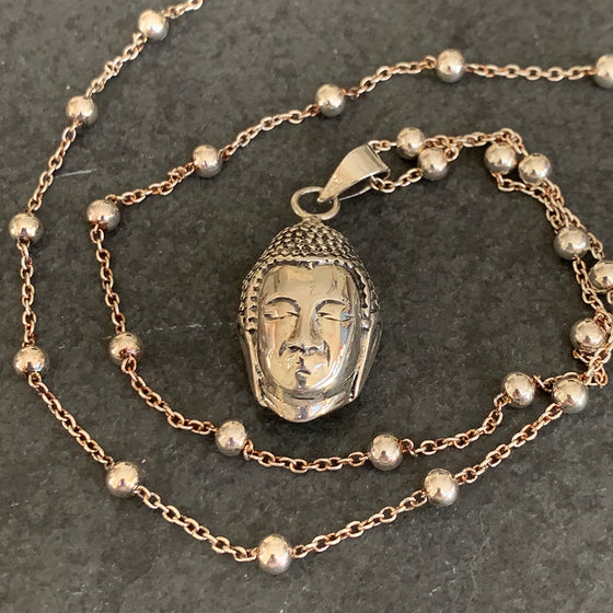 Sterling Silver Buddha on Long Beaded Silver Chain Necklace