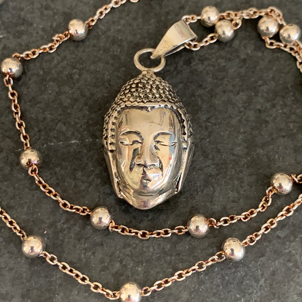 Sterling Silver Buddha on Long Beaded Silver Chain Necklace