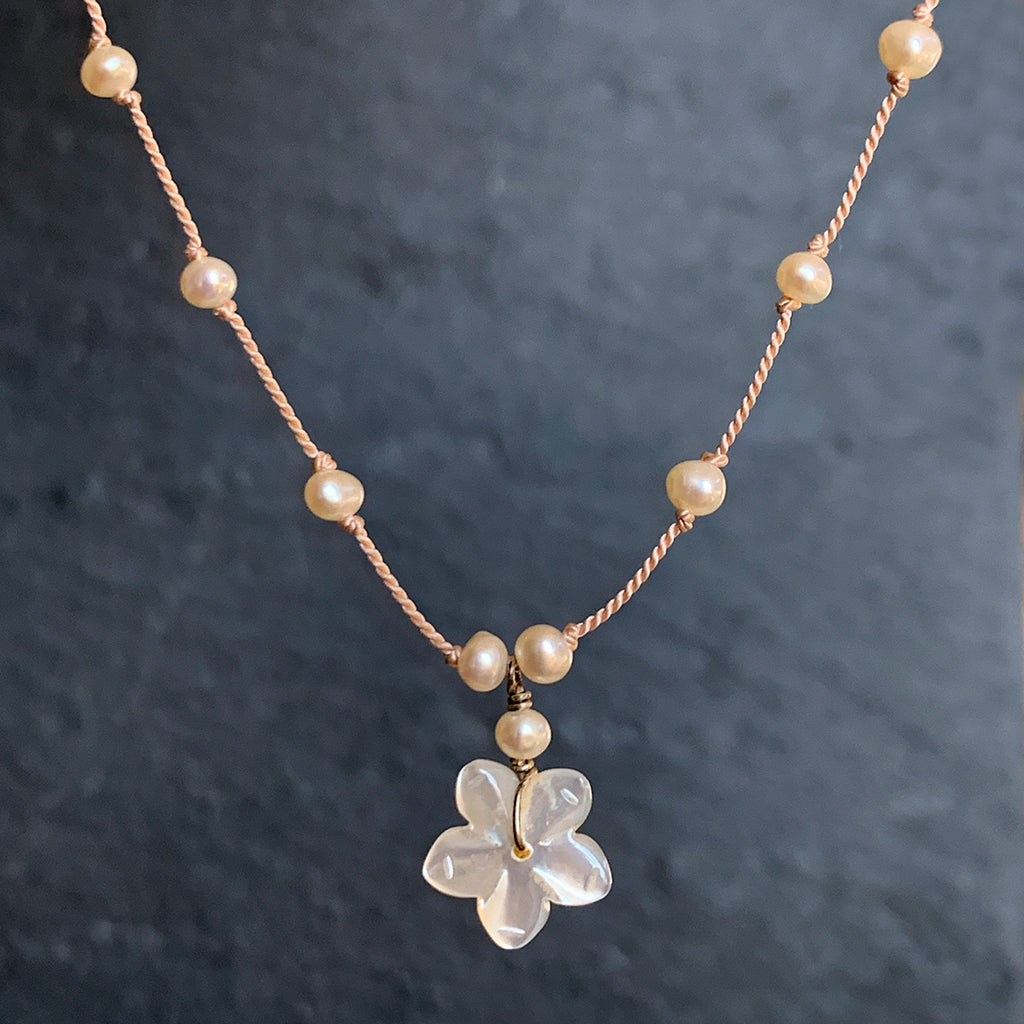 Tiny Mother of Pearl Flower on Dotted Silk Pearl Necklace