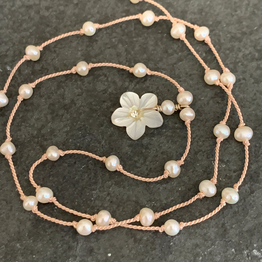 Tiny Mother of Pearl Flower on Dotted Silk Pearl Necklace