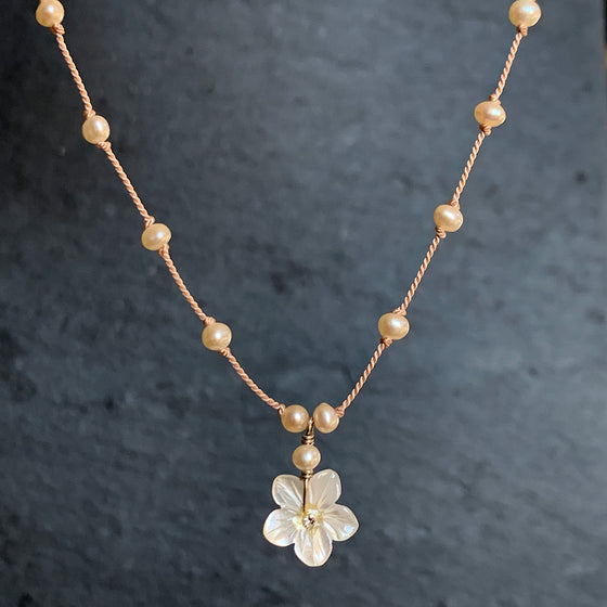 Tiny Mother of Pearl Flower on Dotted Silk Pearl Necklace